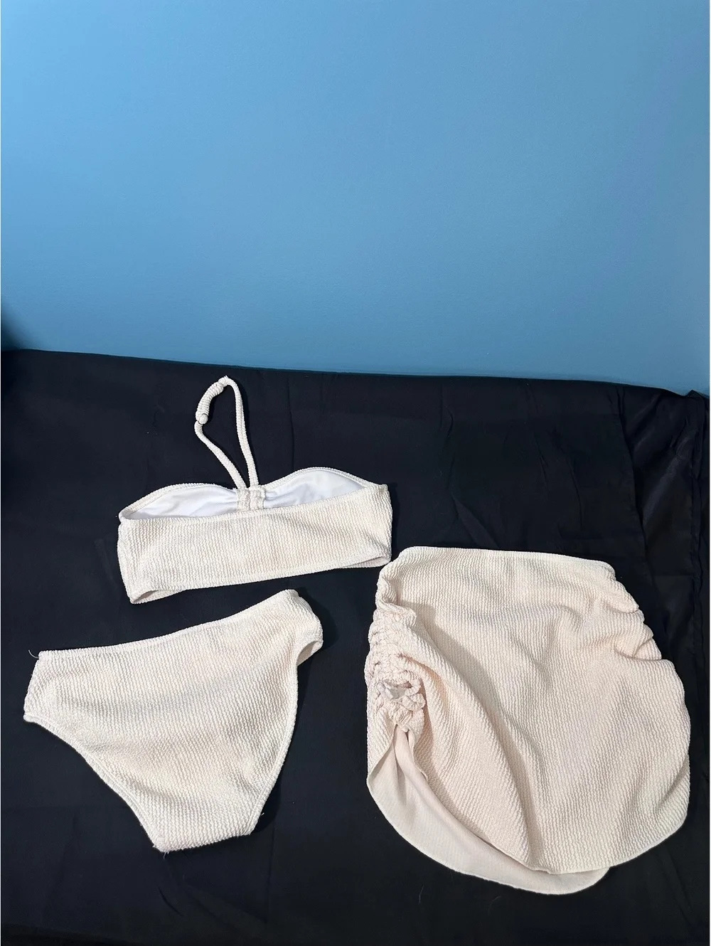 Girls' 3-Piece Ivory Textured Bikini Set with Ruched Skirt Cover-Up Size 12Y